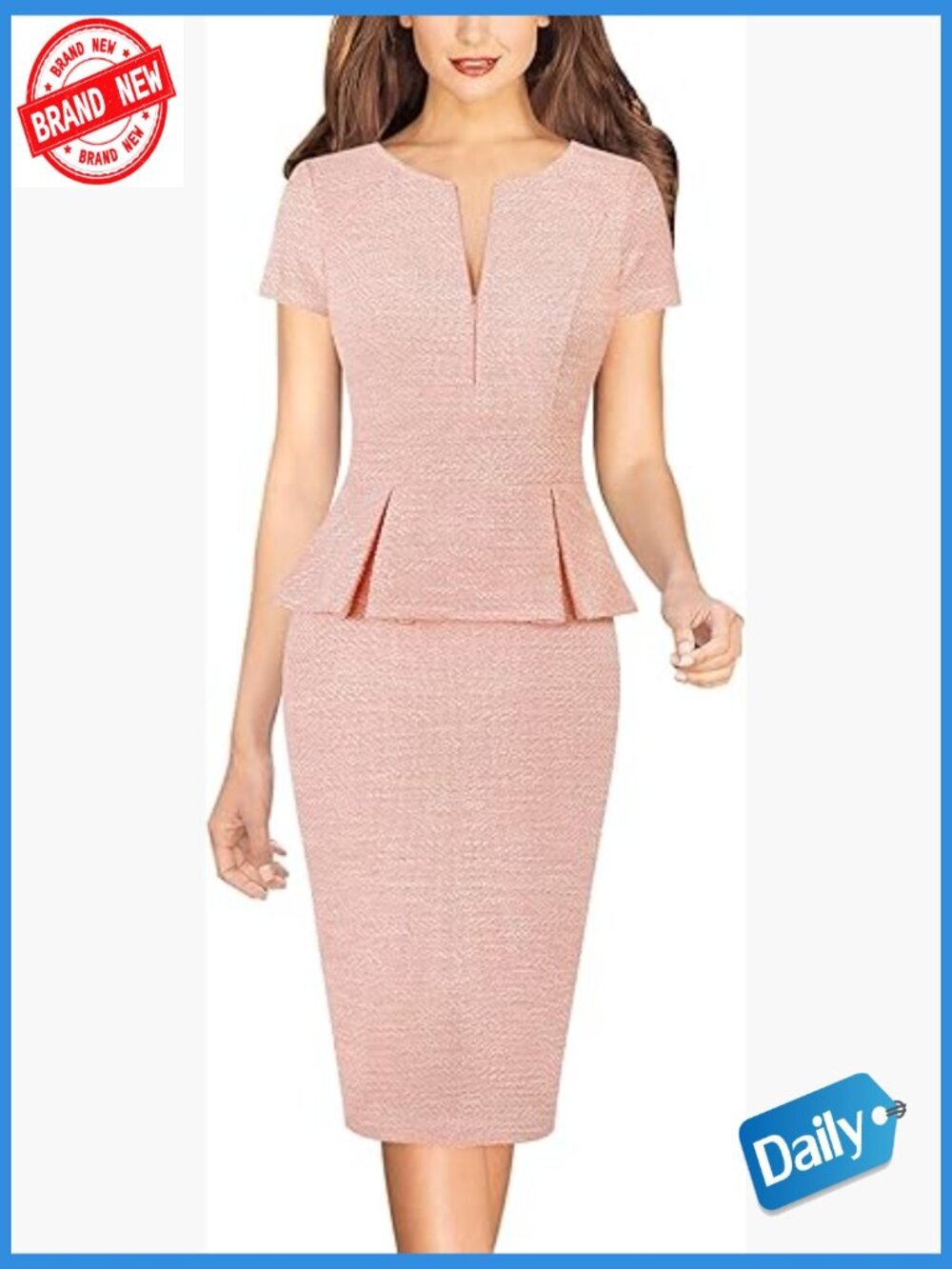 Work Business Front Zipper Peplum Bodycon Dress Short Sleeve Slim Church Pencil